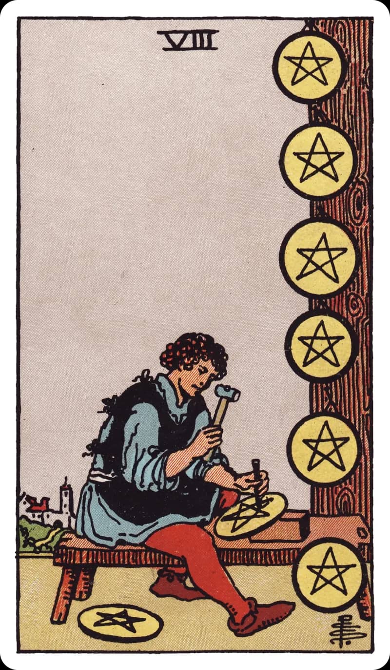 ไพ่ทาโรต์ Eight of Pentacles (8 เหรียญ)