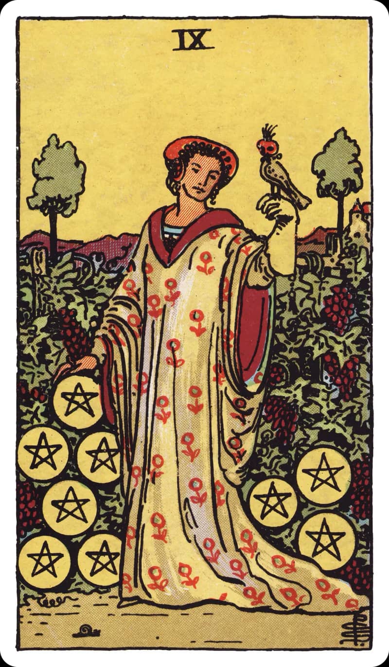 ไพ่ทาโรต์ Nine of Pentacles (9 เหรียญ)