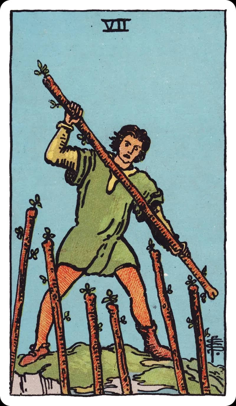 ไพ่ทาโรต์ Seven of Wands (7 ไม้เท้า)
