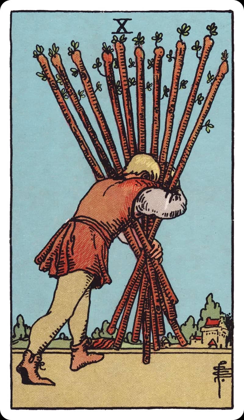 ไพ่ทาโรต์ Ten of Wands (10 ไม้เท้า)