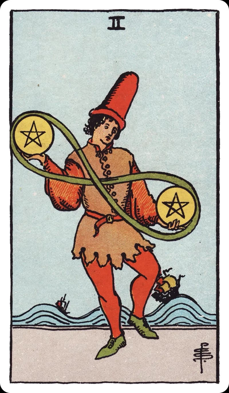 ไพ่ทาโรต์ Two of Pentacles (2 เหรียญ) (Two of Pentacles)