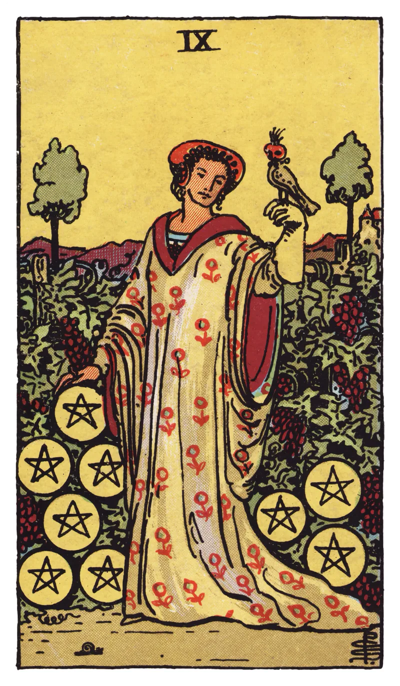 ไพ่ทาโรต์ Nine of Pentacles (9 เหรียญ) (Nine of Pentacles)