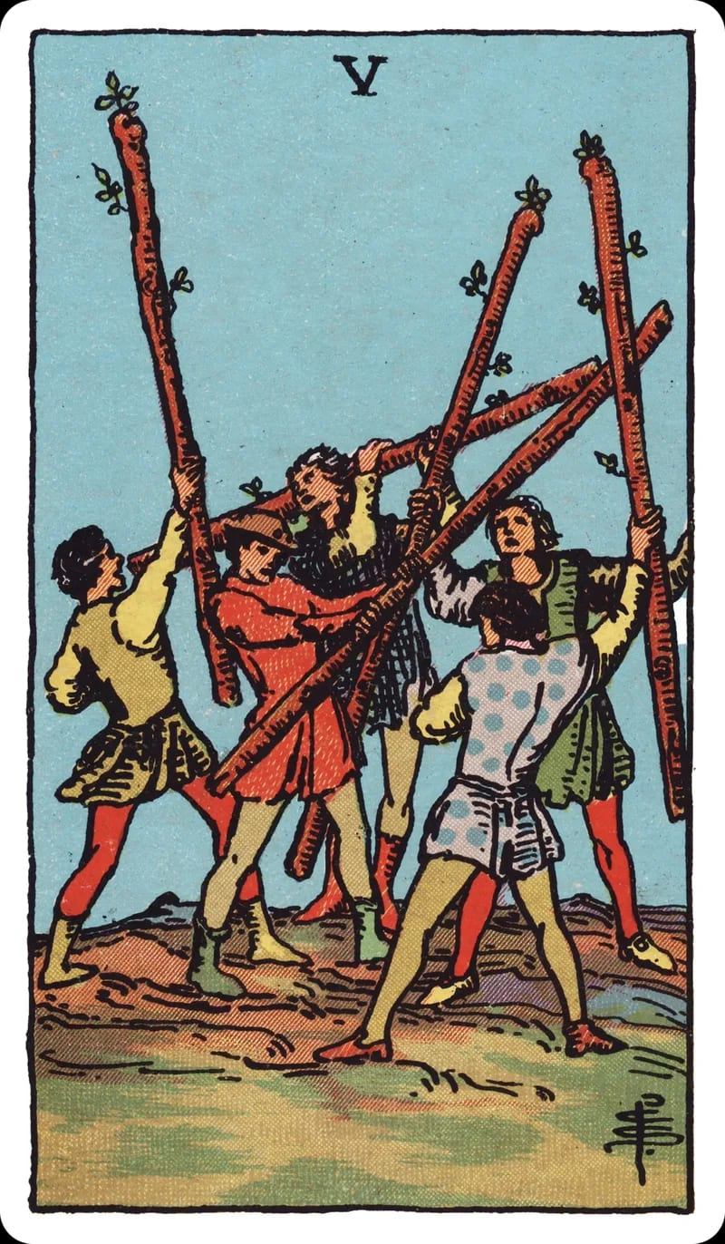 ไพ่ทาโรต์ Five of Wands (5 ไม้เท้า) (Five of Wands)