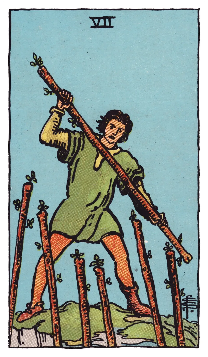 ไพ่ทาโรต์ Seven of Wands (7 ไม้เท้า) (Seven of Wands)